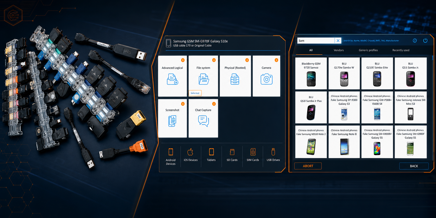 Mobil cihaz kabloları, veri çıkarma yöntemleri ve desteklenen telefon modelleri